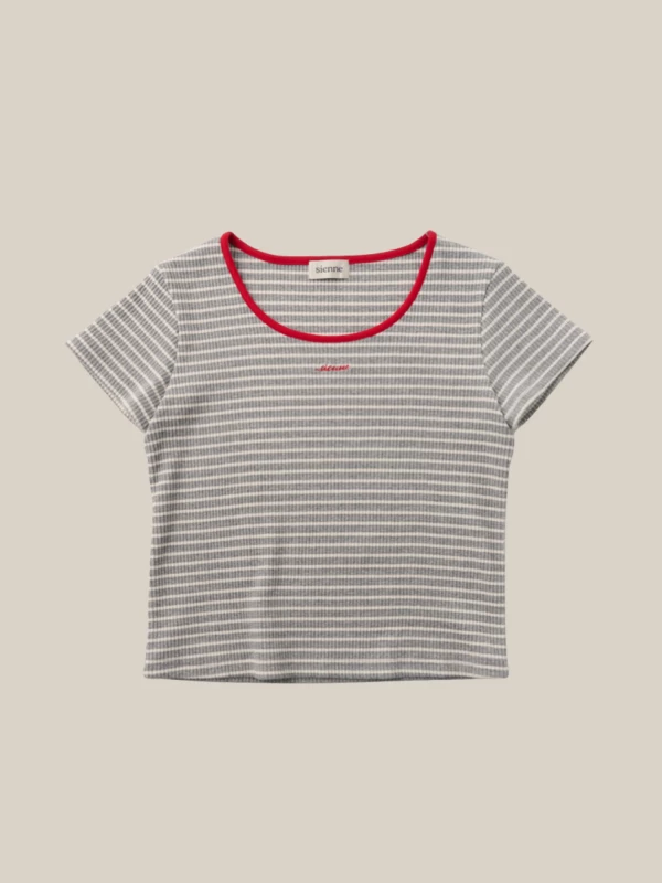 Grey White Striped T-Shirt with Logo