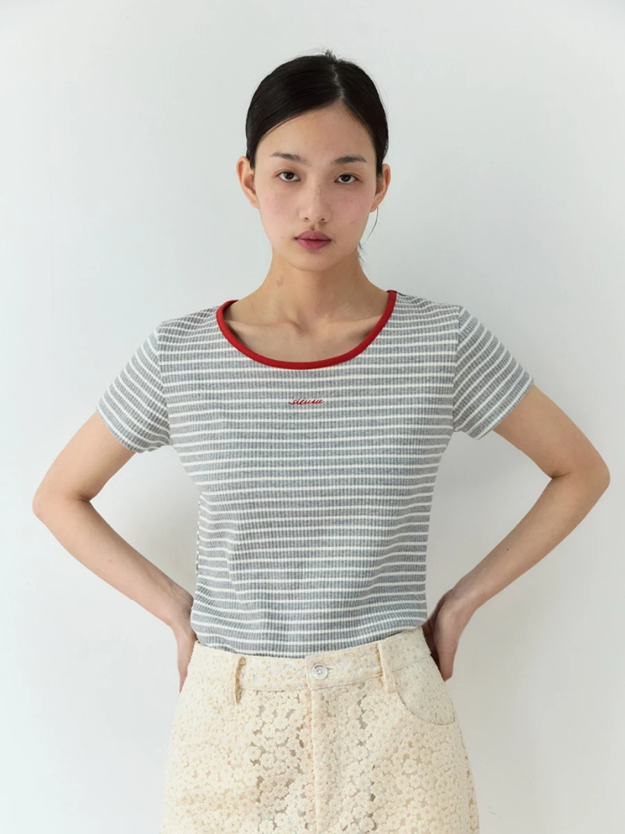 Grey White Striped T-Shirt with Logo