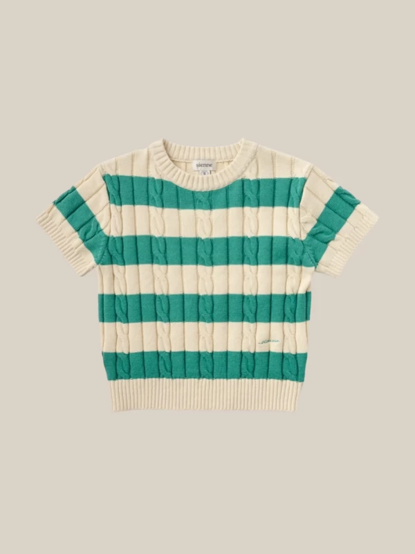 Green Beige Striped Plaid Top in Cotton Knit