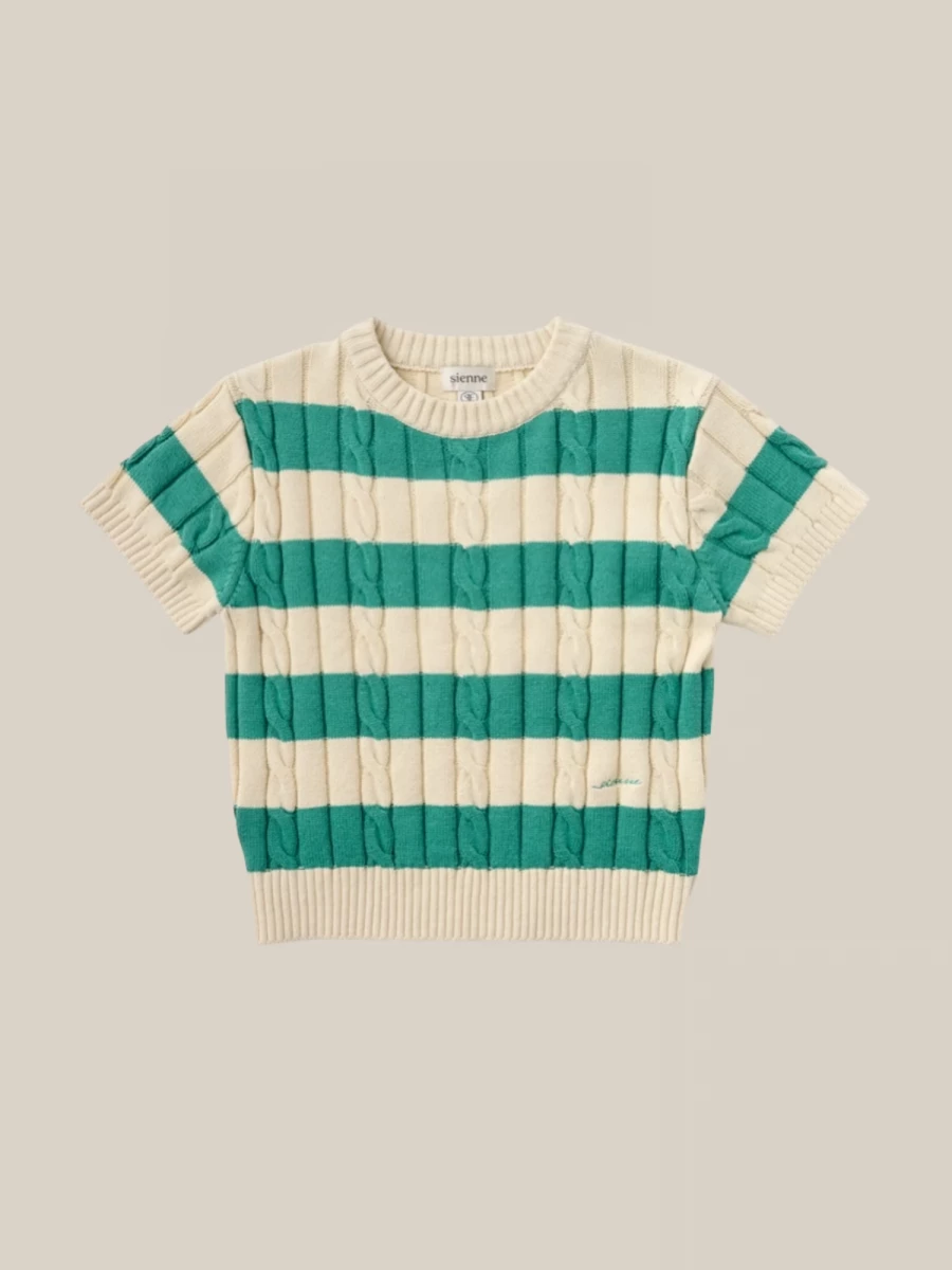 Green Beige Striped Plaid Top in Cotton Knit