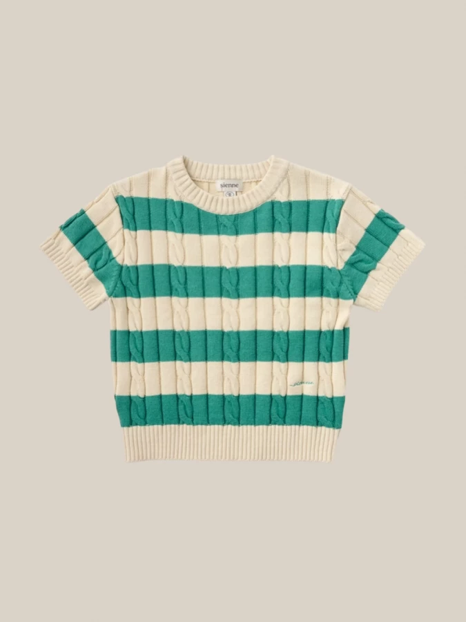 Green Beige Striped Plaid Top in Cotton Knit