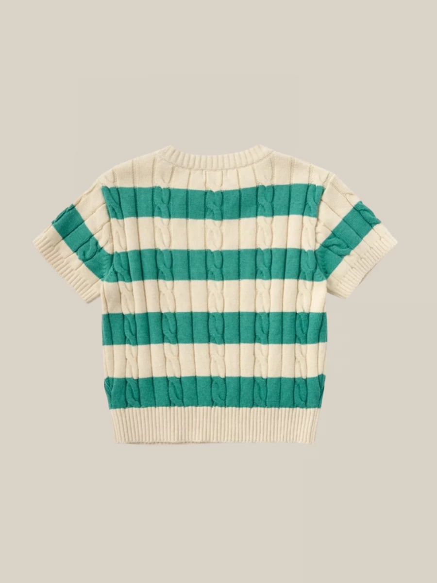 Green Beige Striped Plaid Top in Cotton Knit