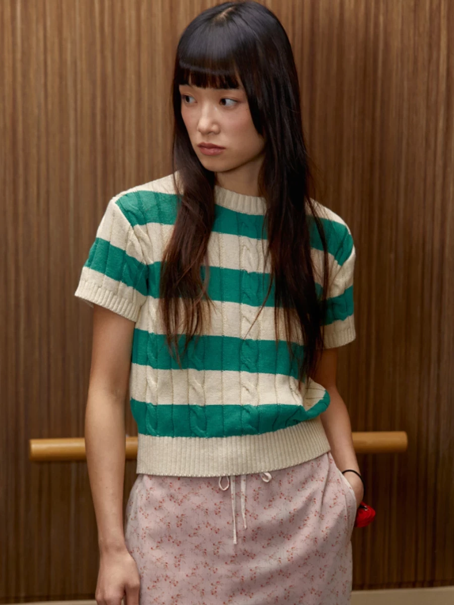 Top Verde Beige a Righe in maglia di cotone intrecciata