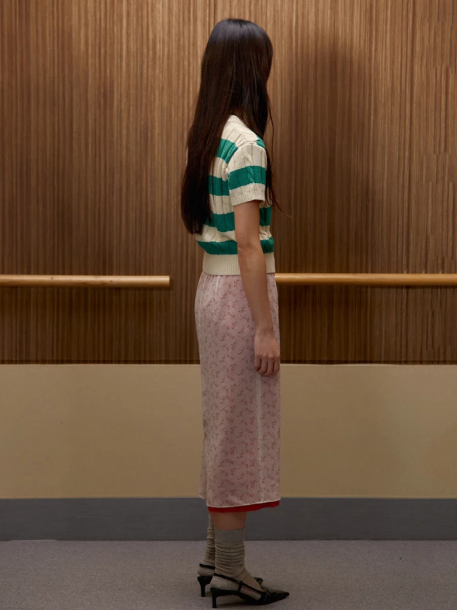 Green Beige Striped Plaid Top in Cotton Knit