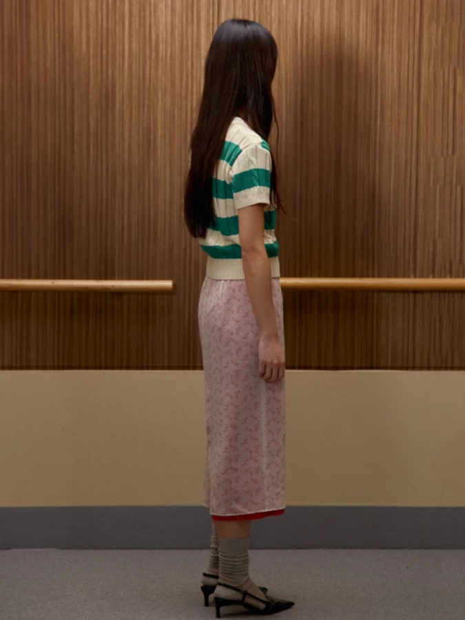 Green Beige Striped Plaid Top in Cotton Knit