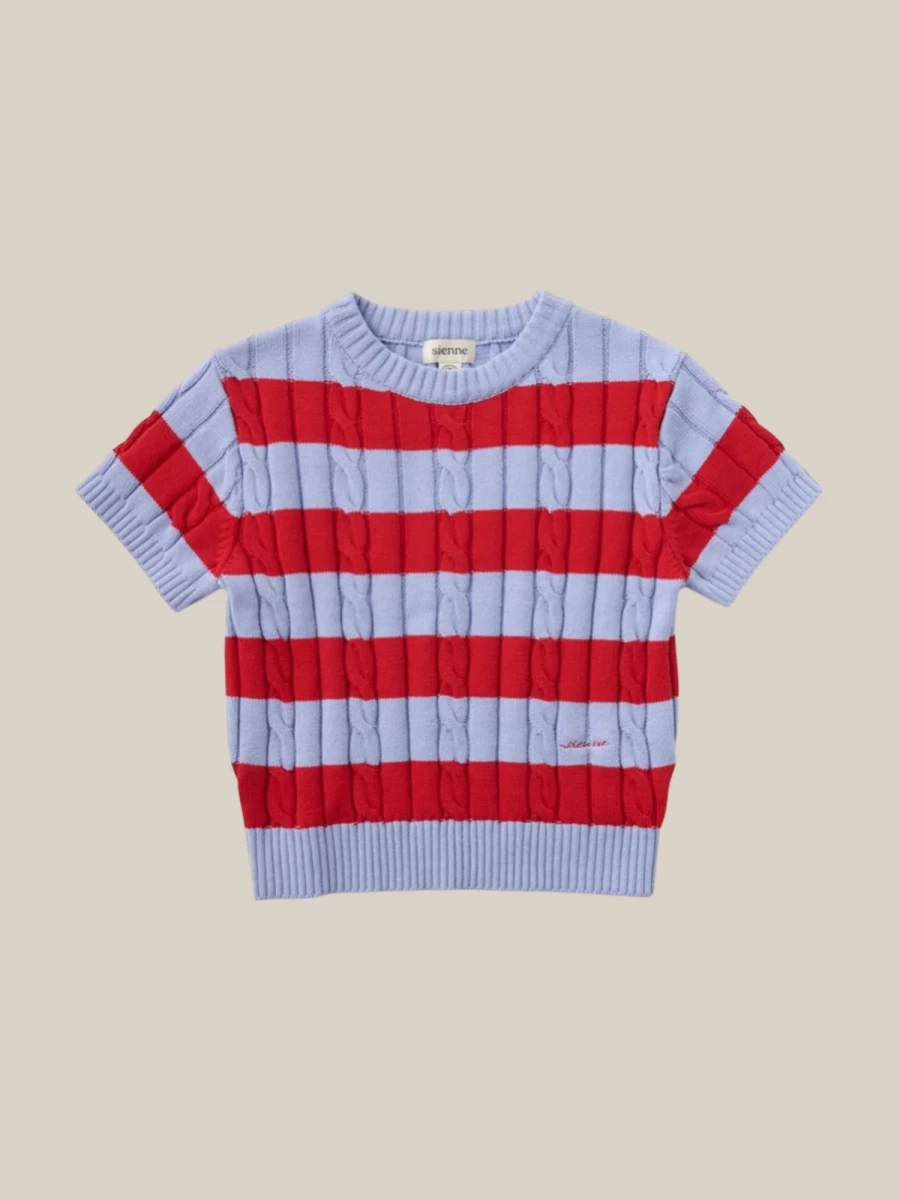 Light Blue Red Striped Plaid Top in Cotton Knit