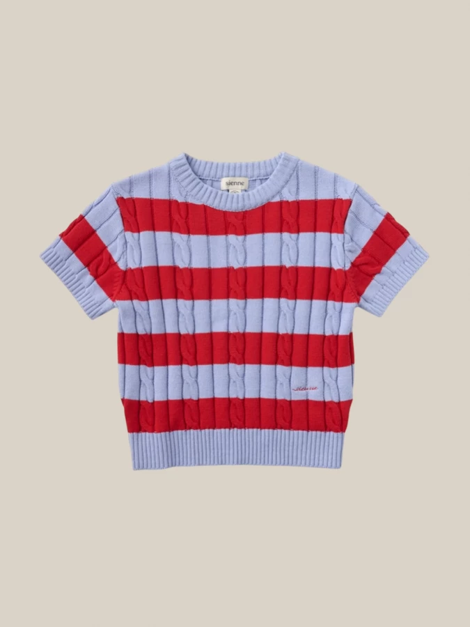 Light Blue Red Striped Plaid Top in Cotton Knit
