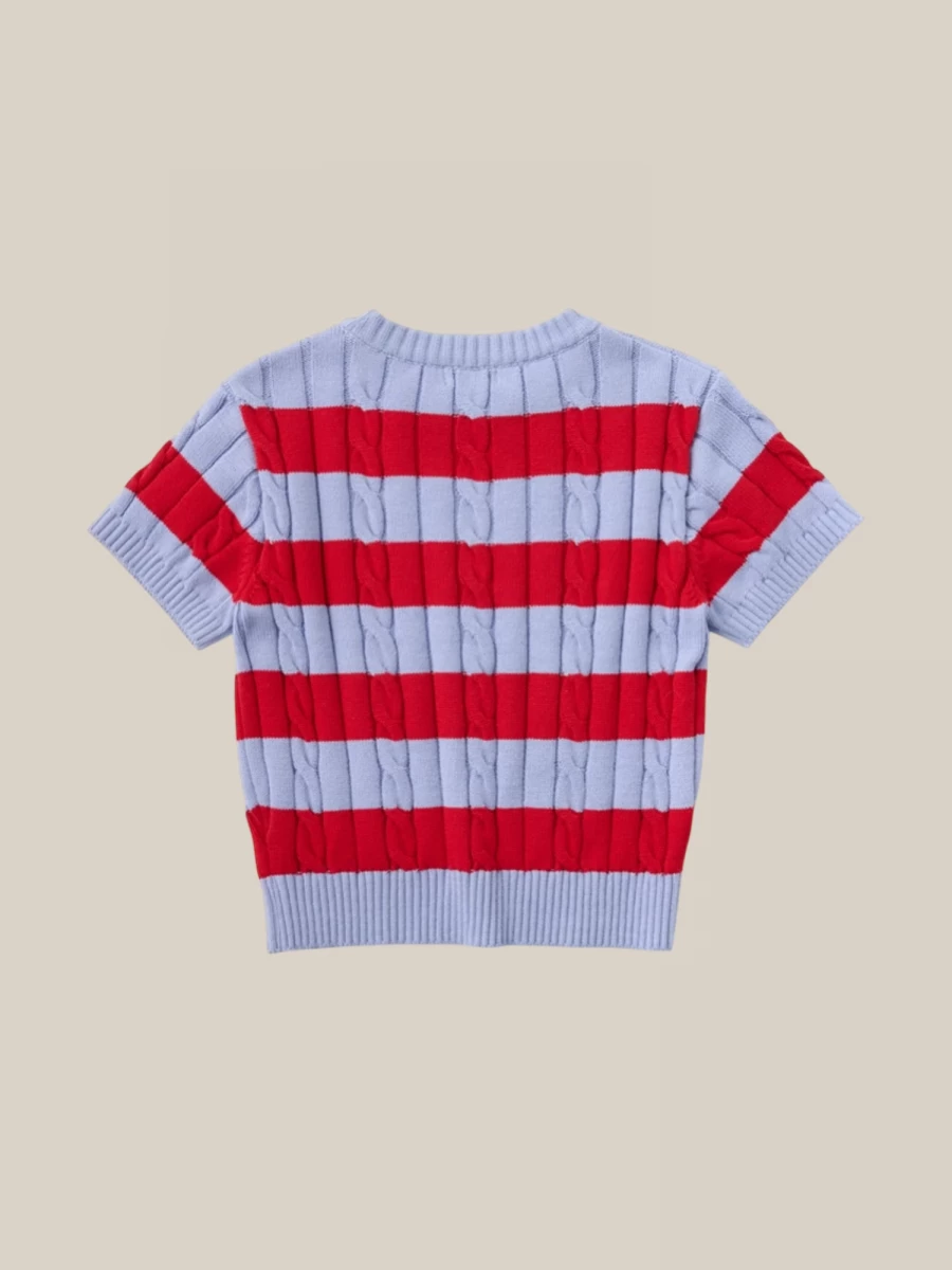 Top Rosso Azzurro a Righe in maglia di cotone intrecciata