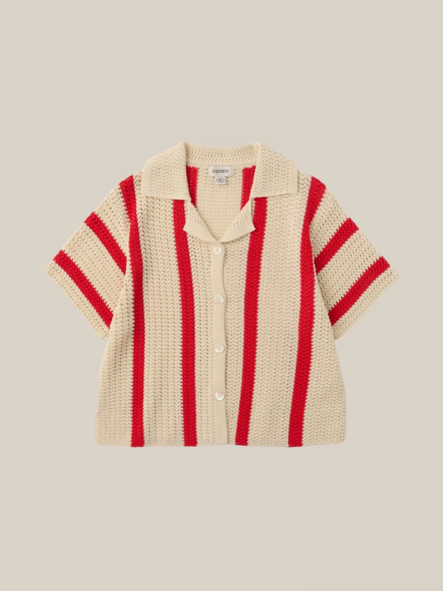 Beige Red Striped Short Sleeve Shirt in Crochet Knit