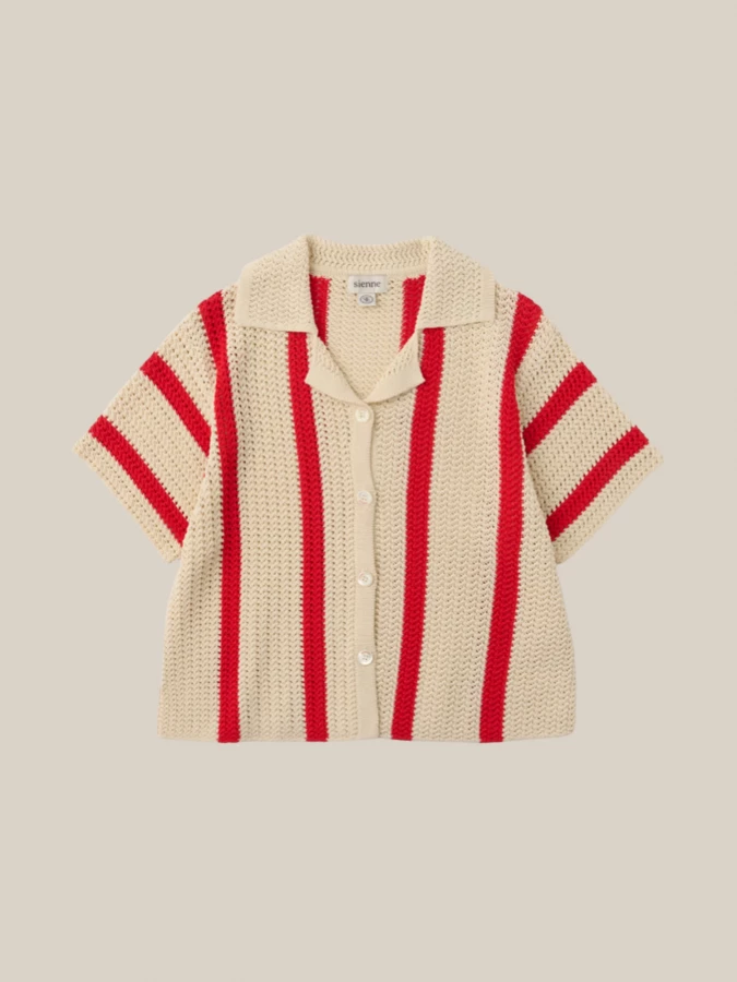 Camicia Beige Rossa a Righe in Maglia Crochet