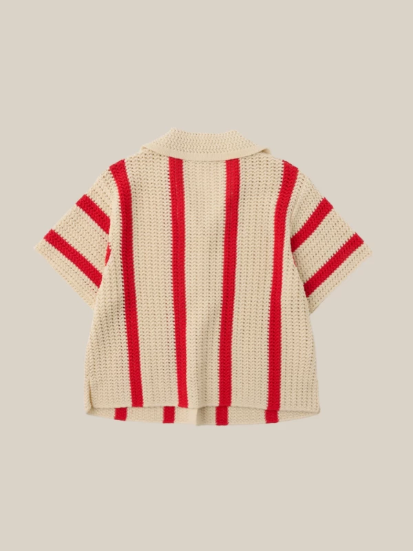 Beige Red Striped Short Sleeve Shirt in Crochet Knit 2