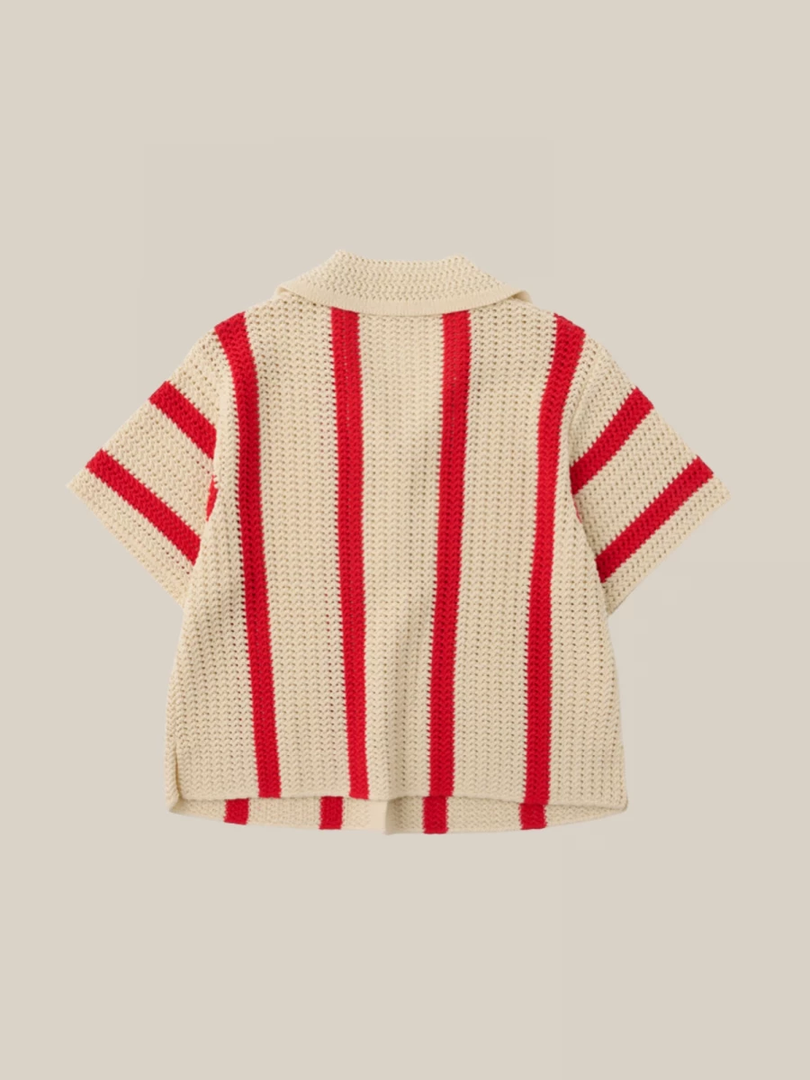 Beige Red Striped Short Sleeve Shirt in Crochet Knit