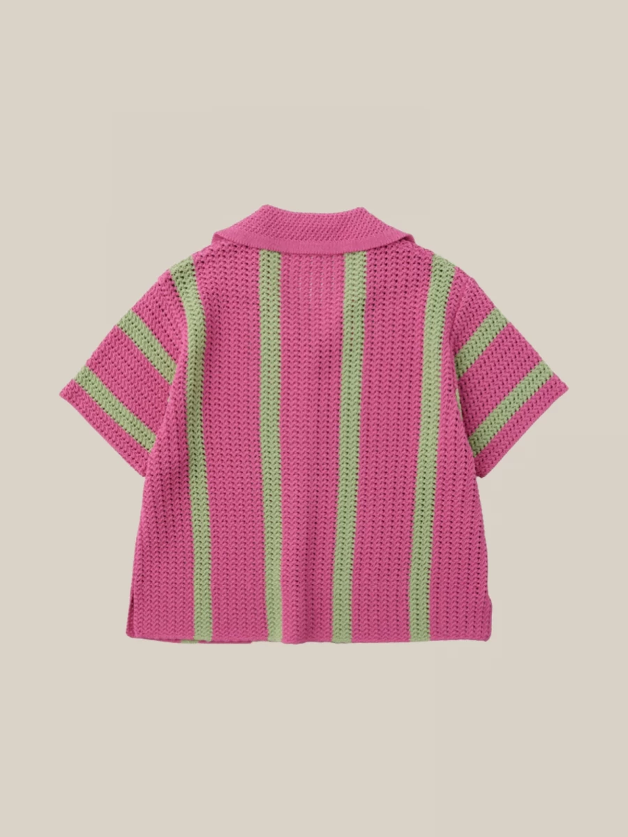 Pink Mint Green Striped Short Sleeve Shirt in Crochet Knit