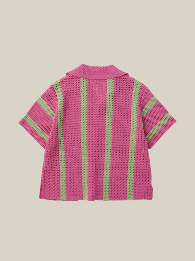 Pink Mint Green Striped Short Sleeve Shirt in Crochet Knit