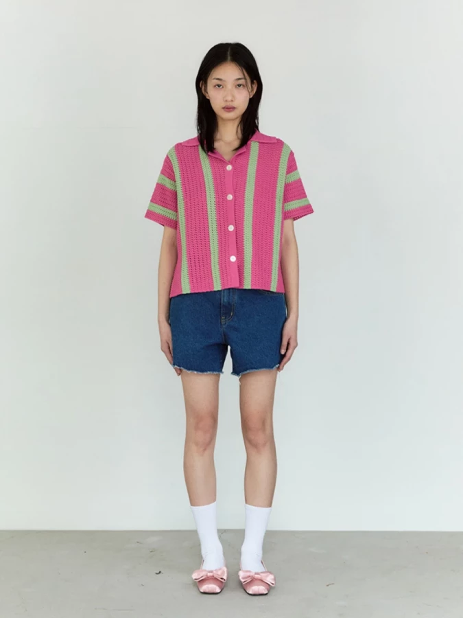 Camicia Rosa Verde Menta a Righe in Maglia Crochet