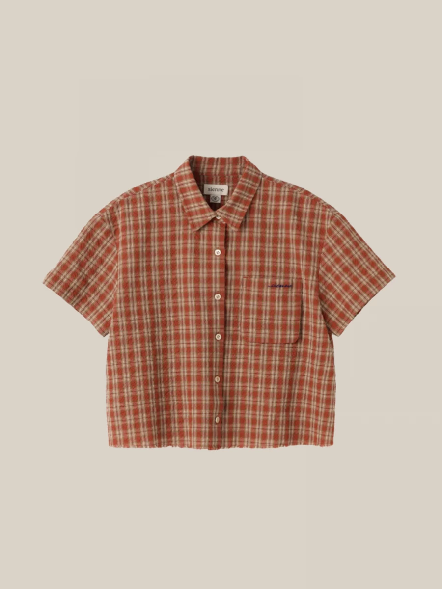 Brick Red Crop Plaid Shirt with Logo