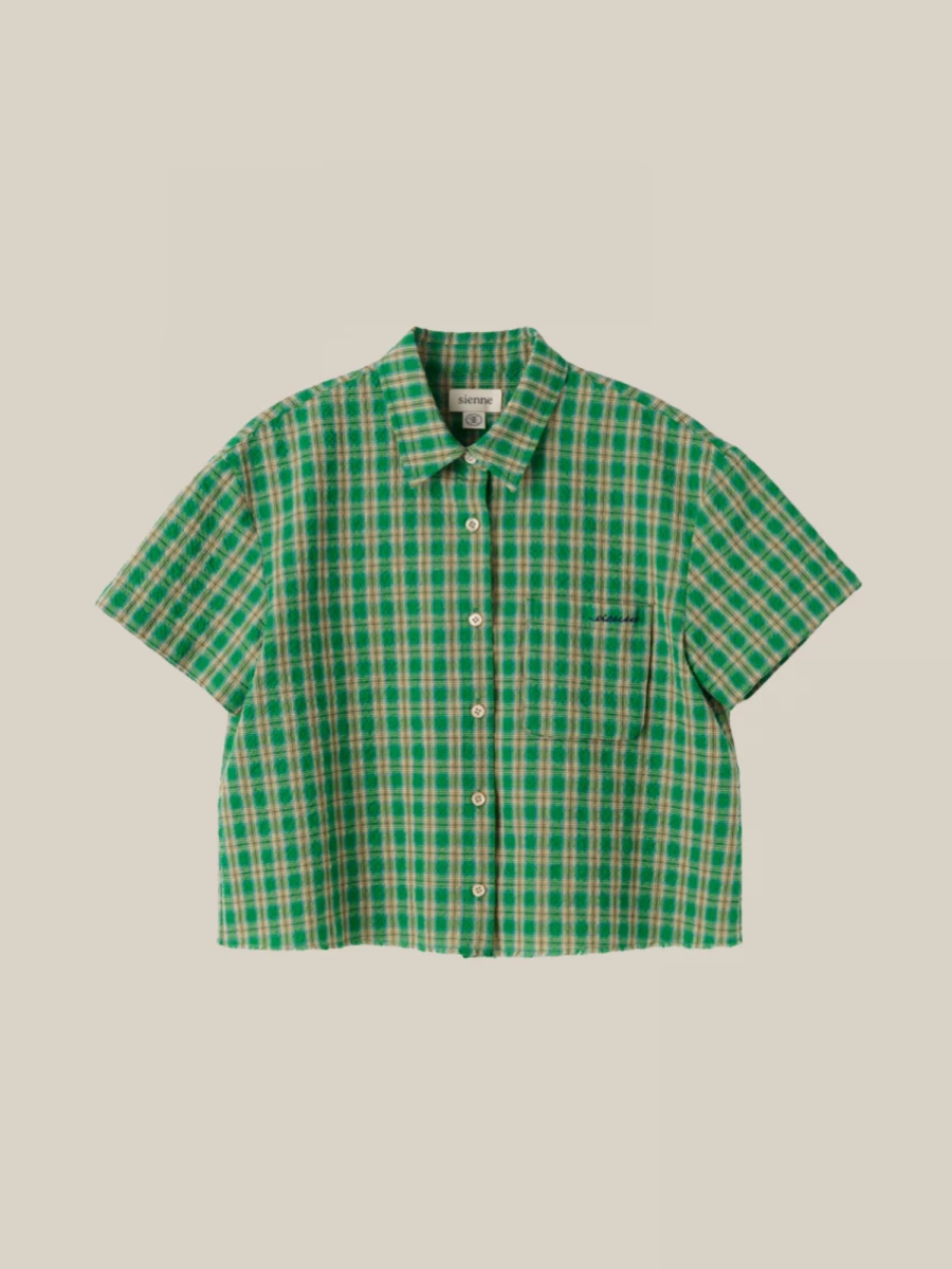 Green Crop Plaid Shirt with Logo