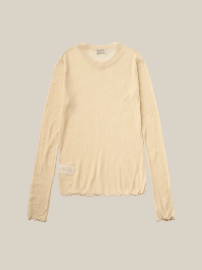 T-Shirt a Manica Lunga Avorio con Trasparenza