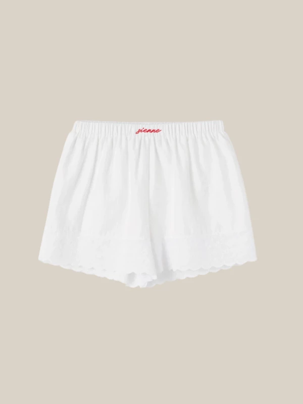 White Shorts with Lace Details and Contrasting Embroidered Logo