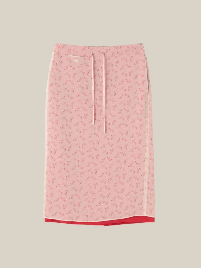 Red White Midi Skirt with Sheer Flowers