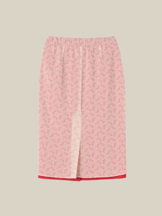 Red White Midi Skirt with Sheer Flowers