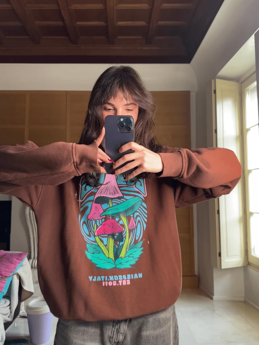 Brown Hoodie with Multicolored Print and Pockets