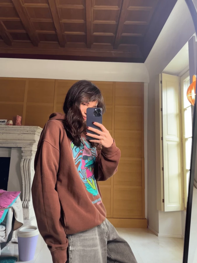 Brown Hoodie with Multicolored Print and Pockets