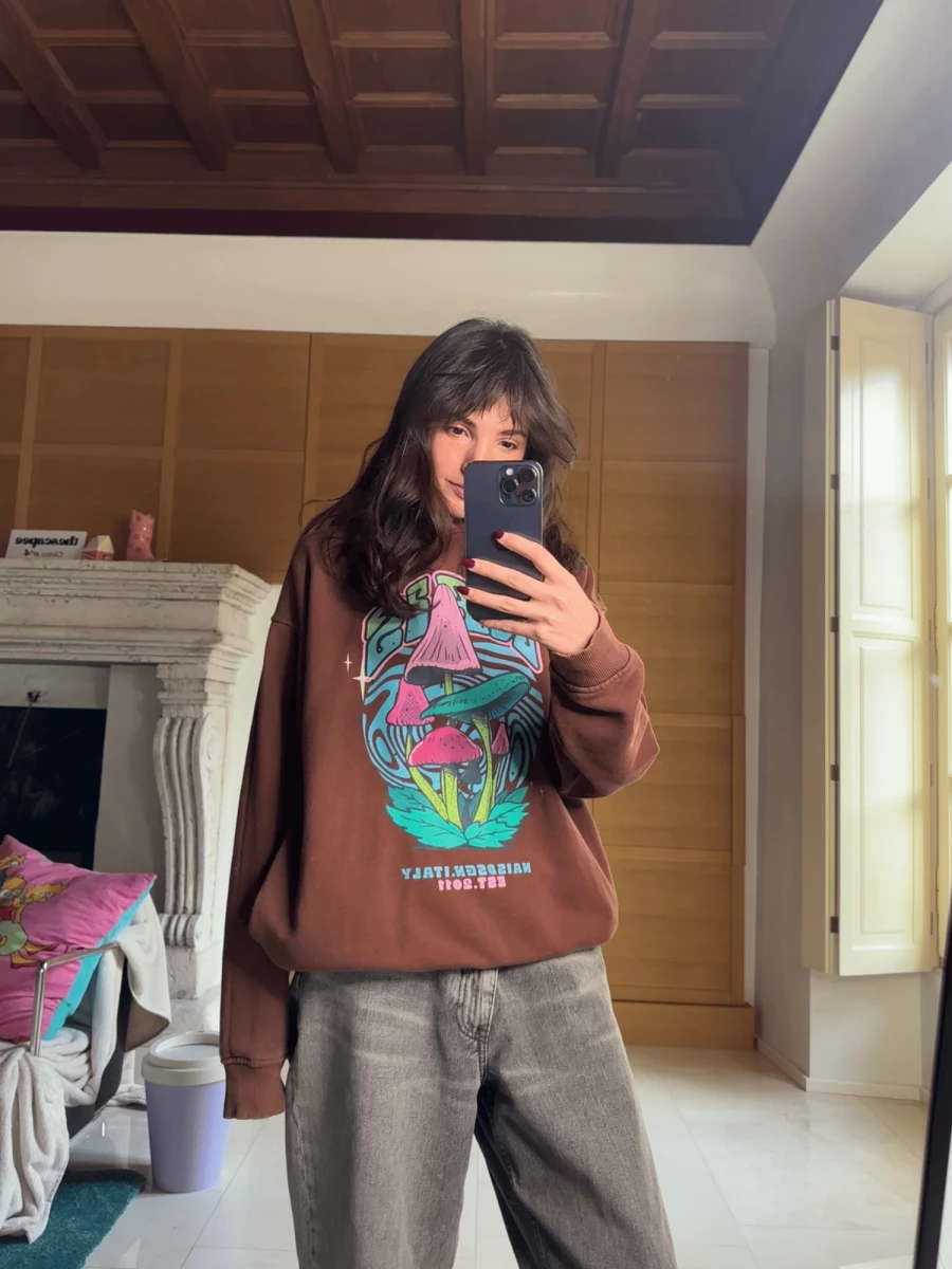 Brown Hoodie with Multicolored Print and Pockets