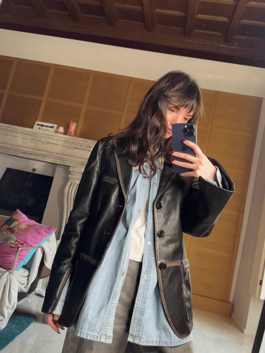 Giacca Nera Vintage Y2K effetto sbiadito in pelle