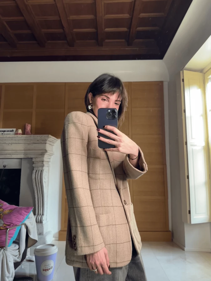 Vintage Beige Plaid Wool Blazer