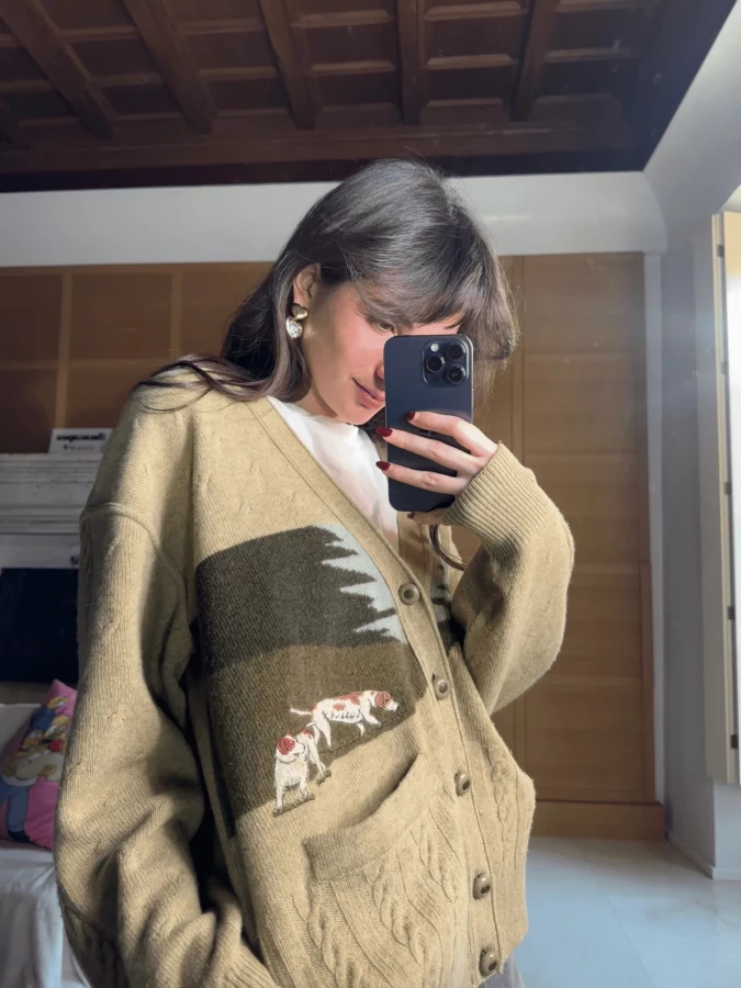 Cardigan Verde Chiaro Vintage con illustrazione