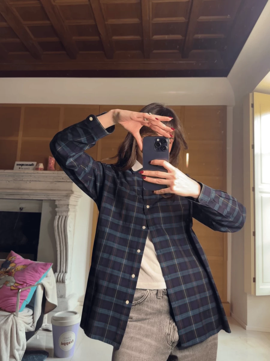 Camica Blu Scuro Vintage a quadri con colletto a contrasto