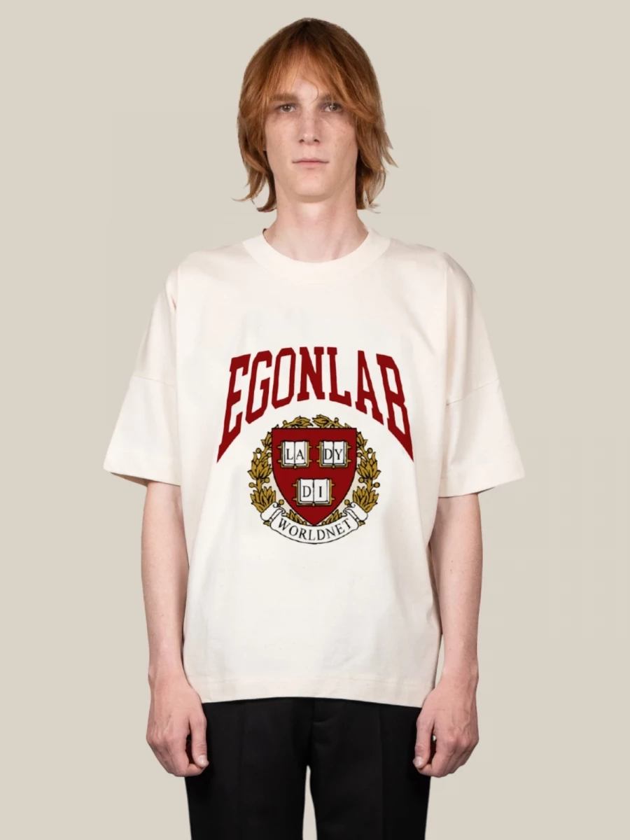 T-Shirt Avorio in Cotone con Stampa College