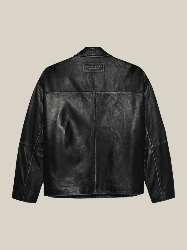 Black Boxy Cut Leather Jacket with Shaded Finish 2