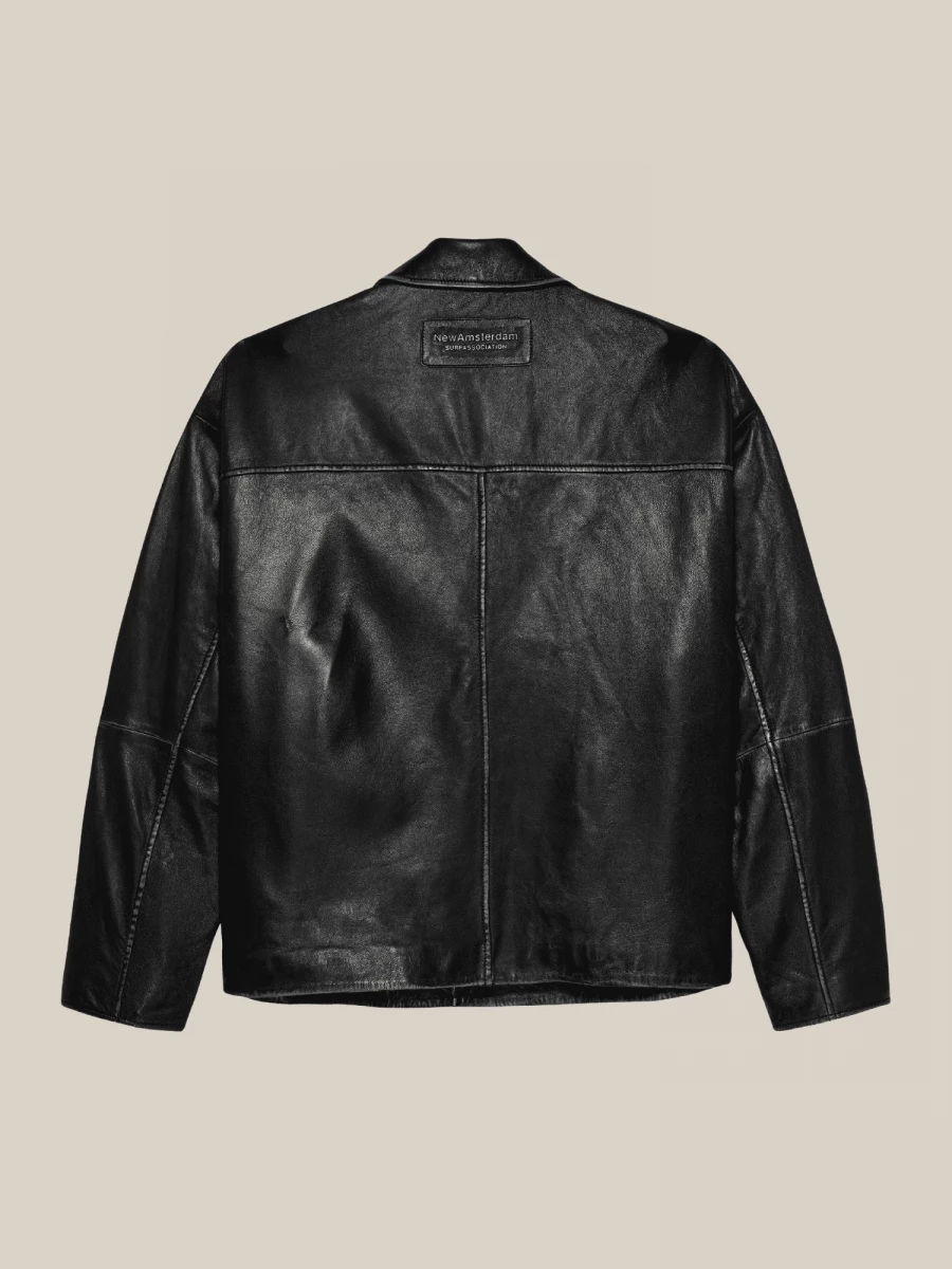 Black Boxy Cut Leather Jacket with Shaded Finish
