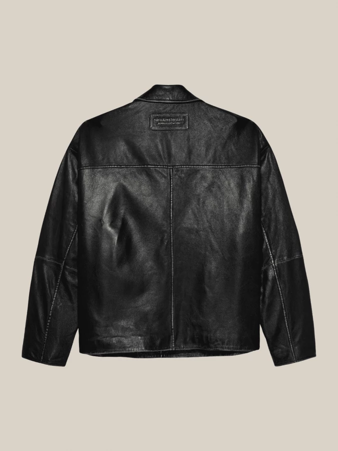 Black Boxy Cut Leather Jacket with Shaded Finish