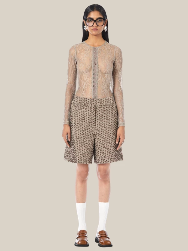 Maglia 'Hooked' Beige in Pizzo con Chiusura a Ganci