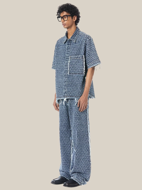 Blue 'Punctured' Wide-leg Jeans in Bouclé Denim 2