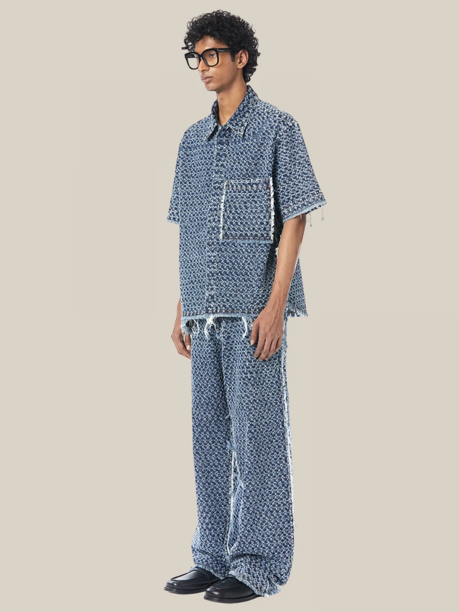 Jeans 'Punctured' Blu in Denim Bouclé a Gamba Larga