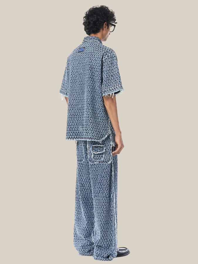 Jeans 'Punctured' Blu in Denim Bouclé a Gamba Larga