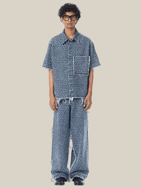 Blue 'Punctured' Wide-leg Jeans in Bouclé Denim