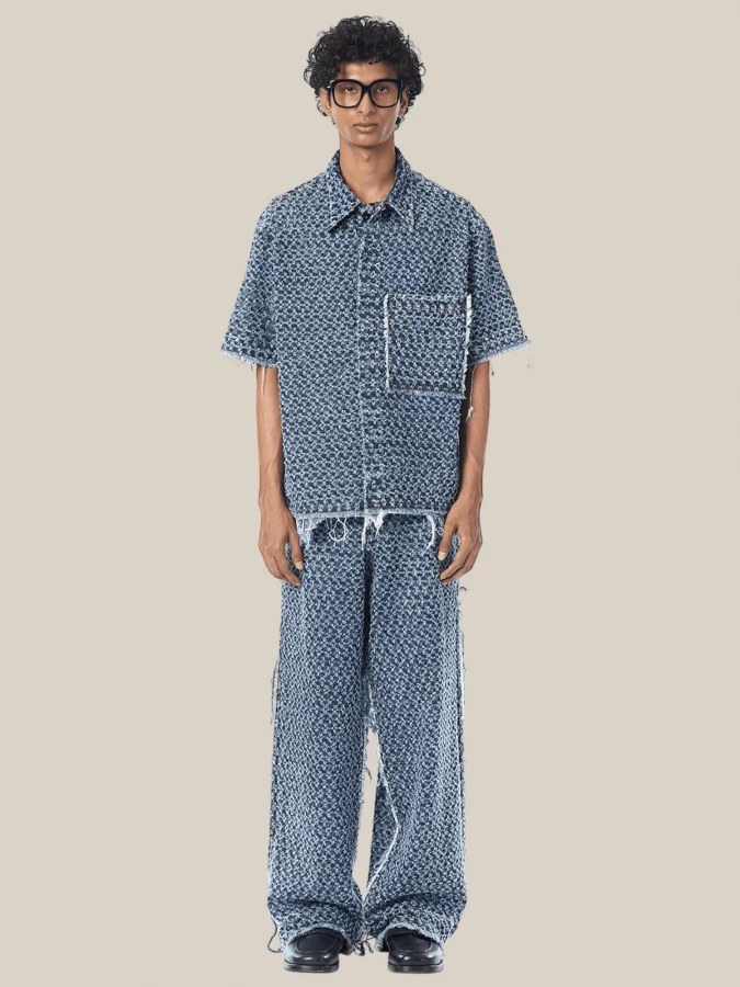 Jeans 'Punctured' Blu in Denim Bouclé a Gamba Larga