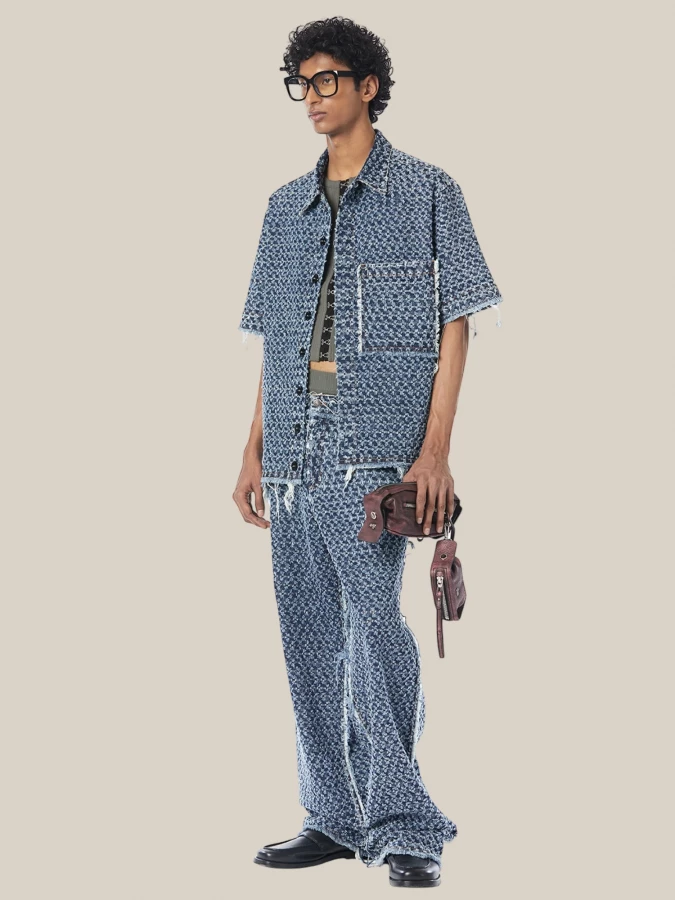 Blue 'Punctured' Wide-leg Jeans in Bouclé Denim