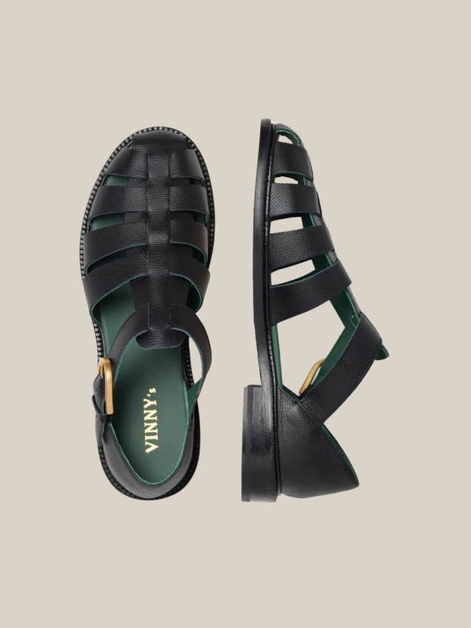 Black ‘Fisherman’ Sandal in Grained Leather