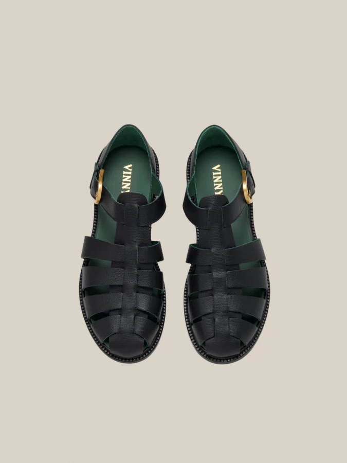 Sandalo Nero 'Fisherman' in Pelle Martellata