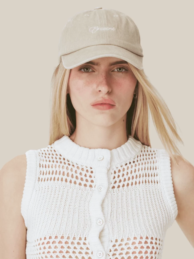 Cappellino in Cotone Beige con Ricamo fiore