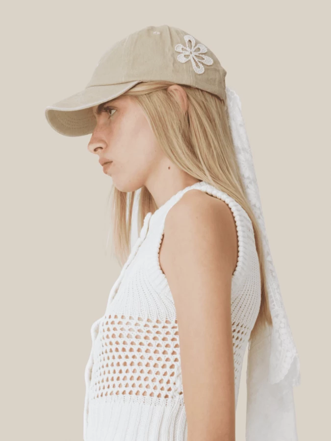 Beige Cotton Cap with Flower Embroidery