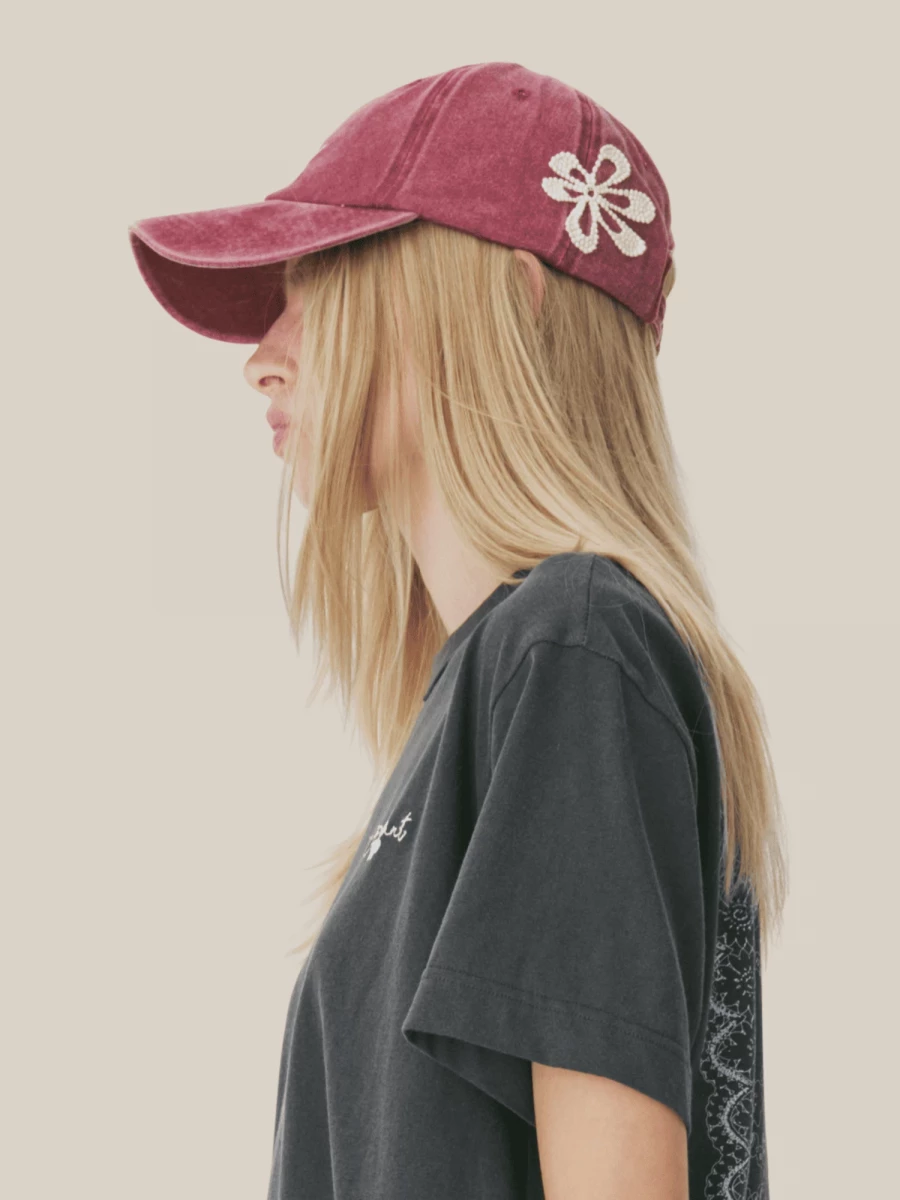 Red Cotton Cap with Flower Embroidery