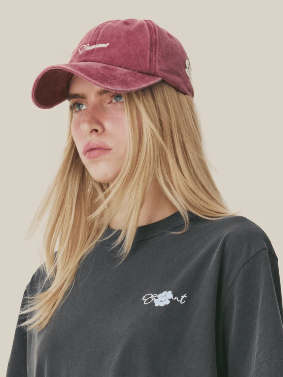 Red Cotton Cap with Flower Embroidery