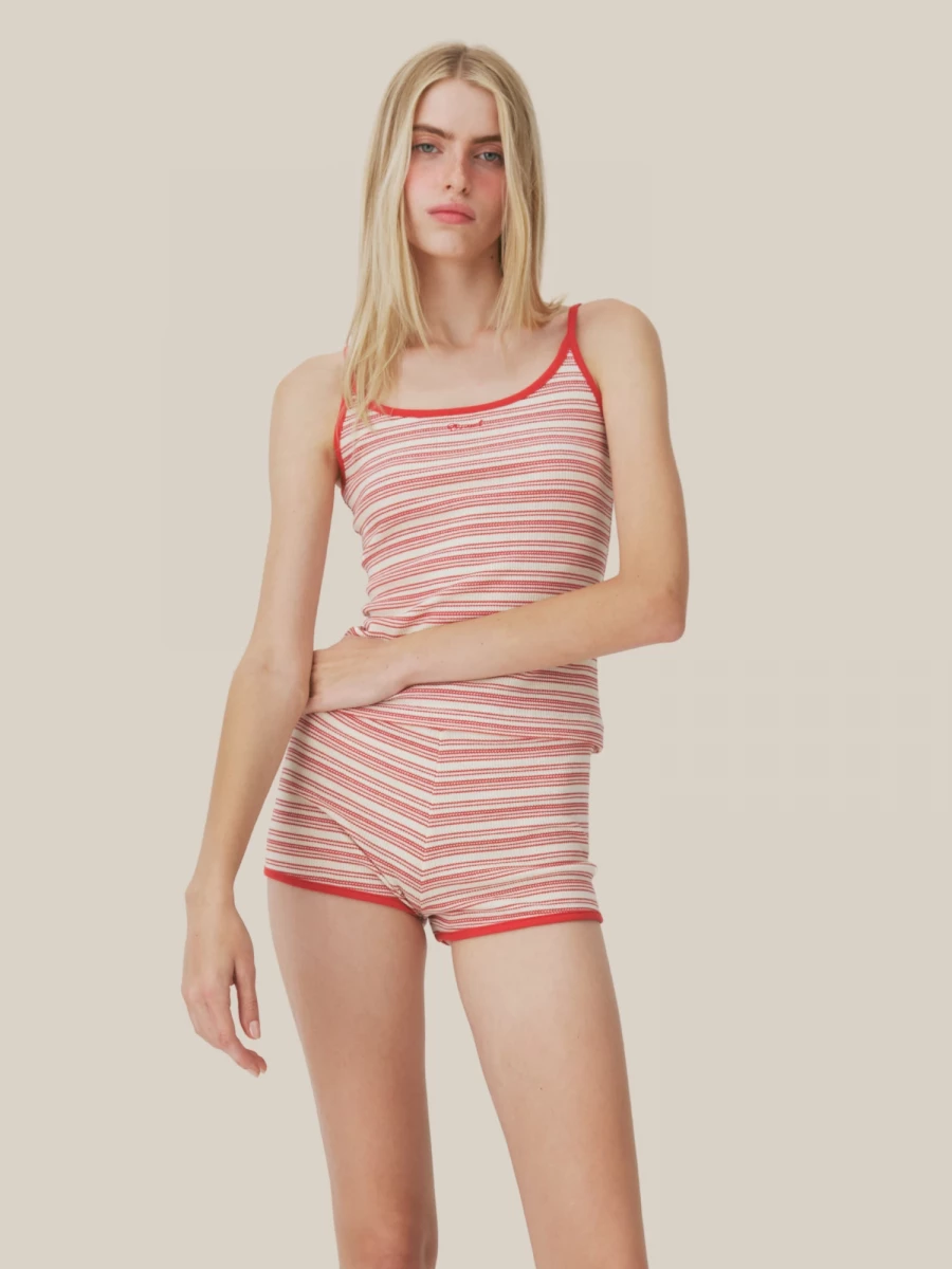 Red Ribbed Cotton Tank Top with Thin Striped Pattern